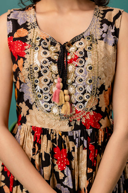 Printed Round Neck Kurti with Resham Work, Printed Dupatta & Printed Trouser