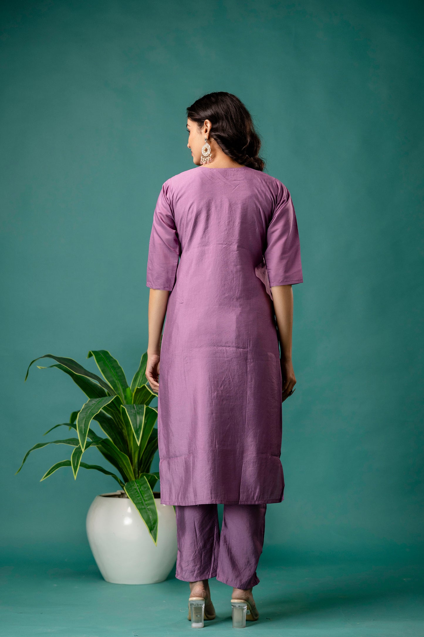 Embroidered Round Neck Kurti with Pure Silk Dupatta & Simple Trousers