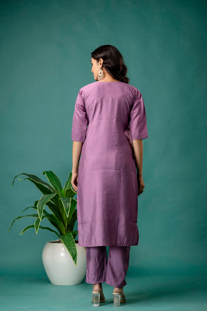 Embroidered Round Neck Kurti with Pure Silk Dupatta & Simple Trousers