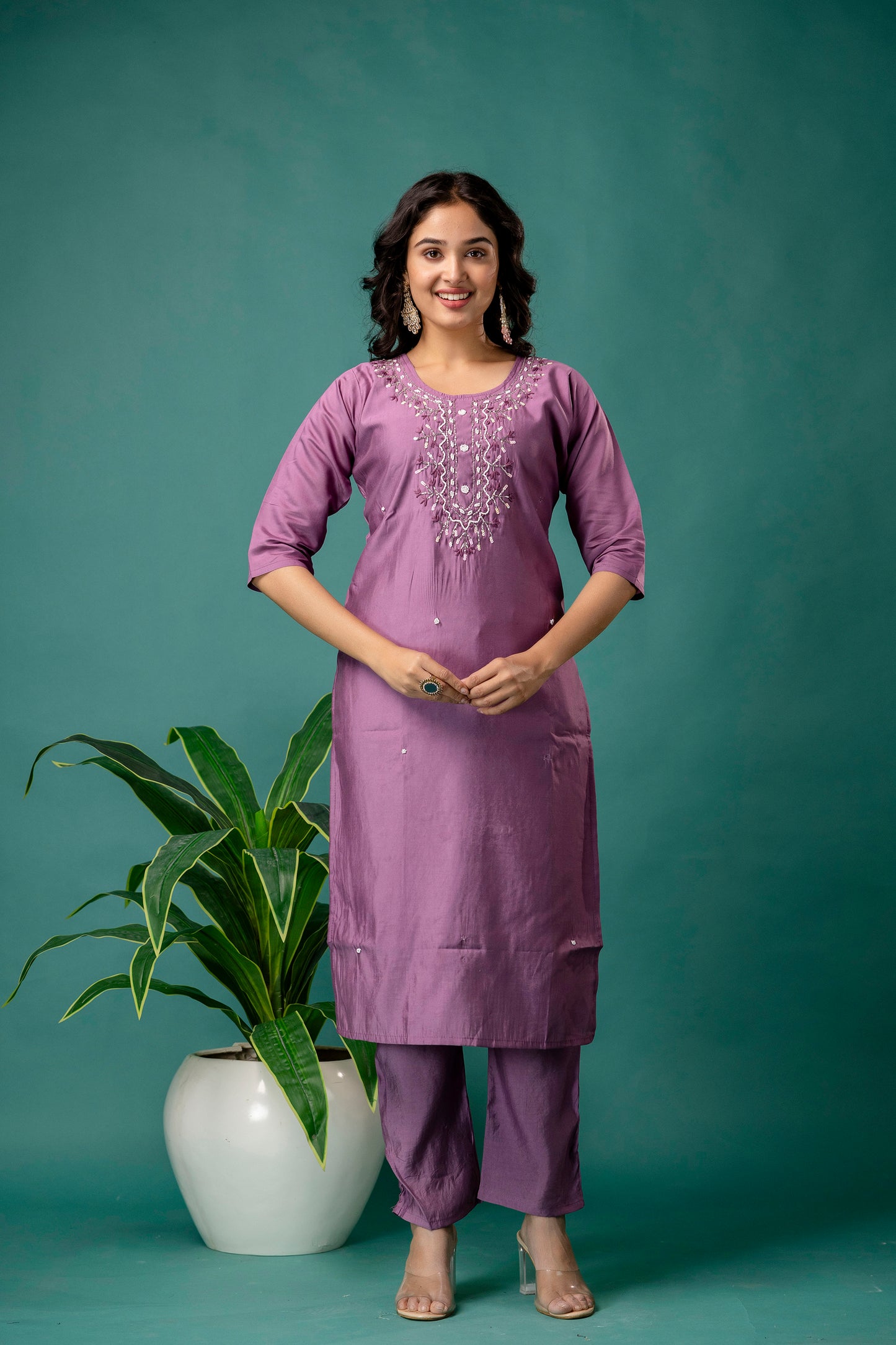 Embroidered Round Neck Kurti with Pure Silk Dupatta & Simple Trousers