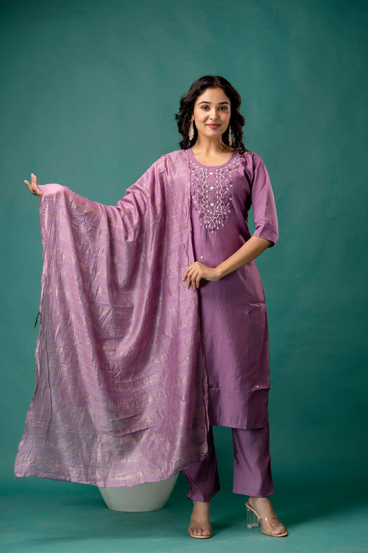 Embroidered Round Neck Kurti with Pure Silk Dupatta & Simple Trousers