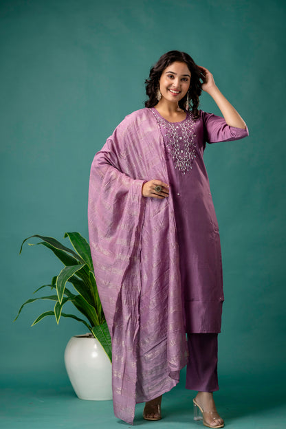 Embroidered Round Neck Kurti with Pure Silk Dupatta & Simple Trousers