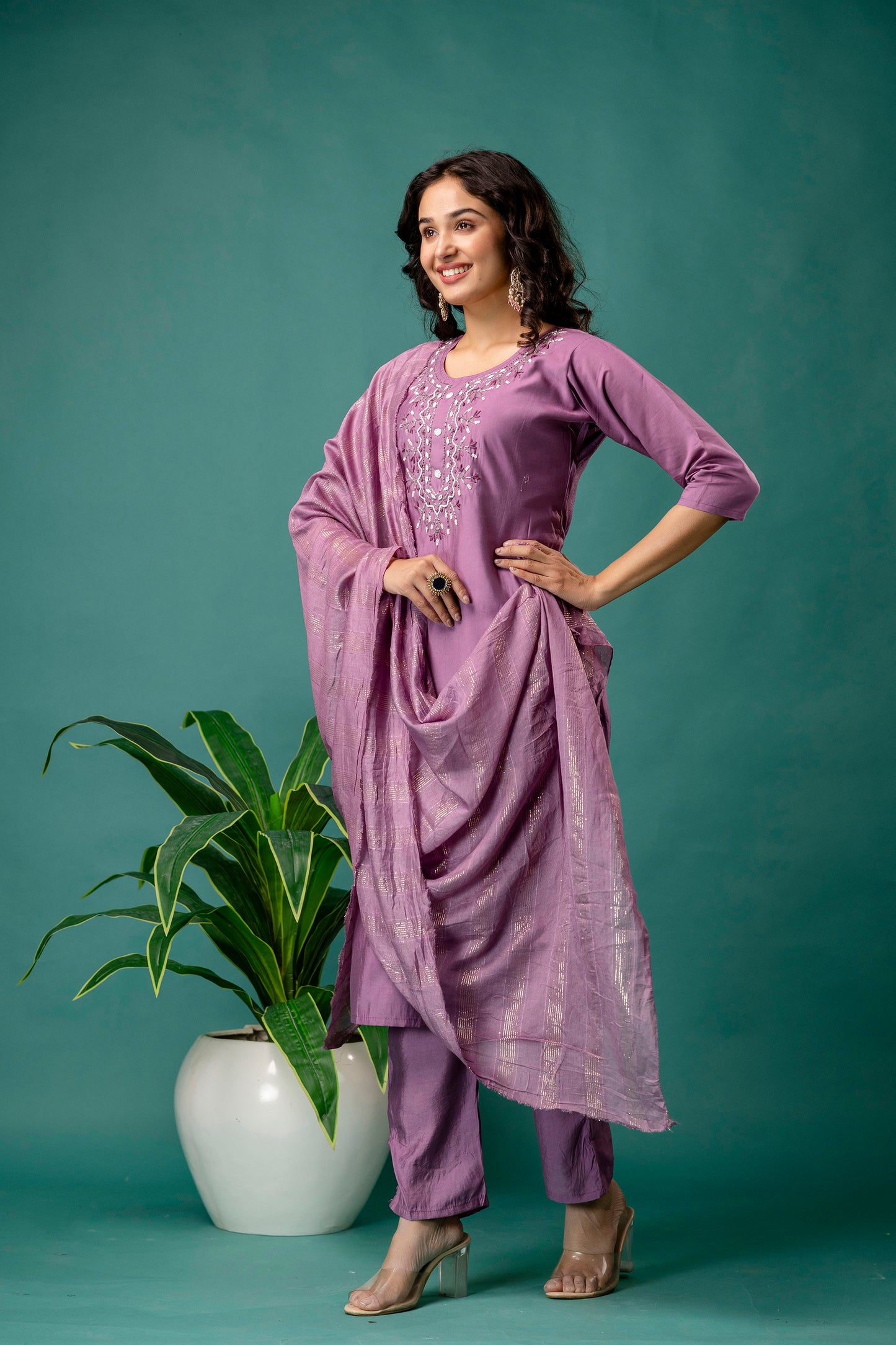 Embroidered Round Neck Kurti with Pure Silk Dupatta & Simple Trousers