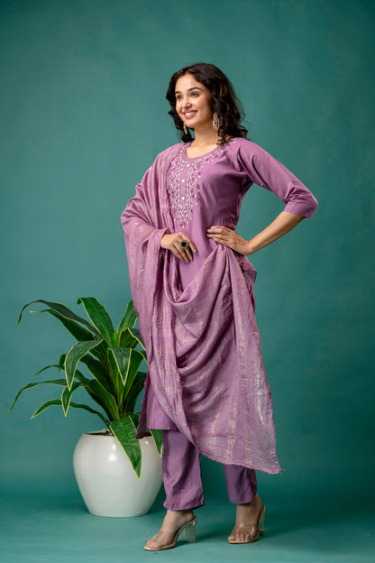 Embroidered Round Neck Kurti with Pure Silk Dupatta & Simple Trousers