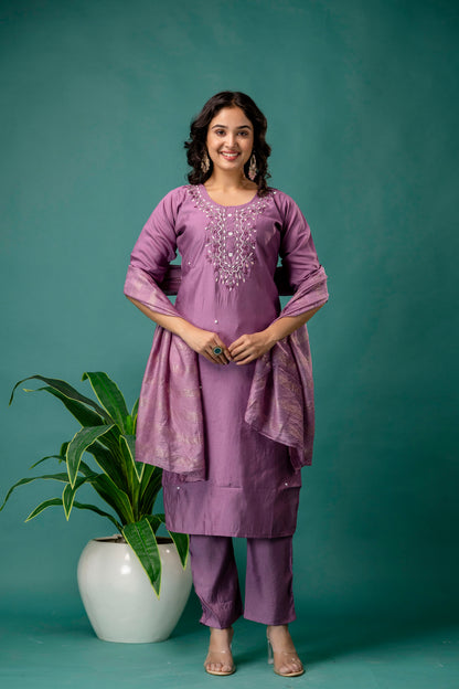 Embroidered Round Neck Kurti with Pure Silk Dupatta & Simple Trousers