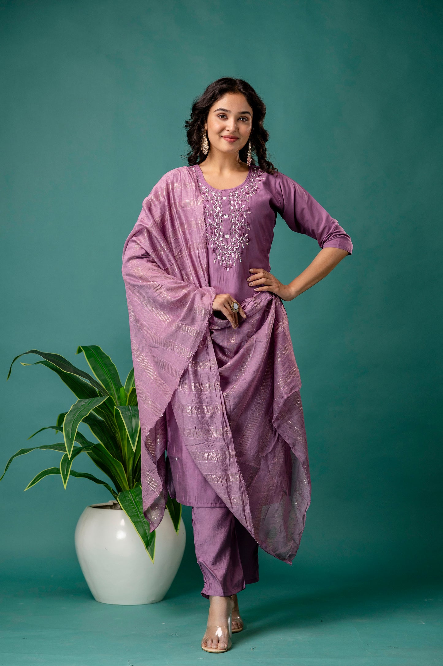 Embroidered Round Neck Kurti with Pure Silk Dupatta & Simple Trousers