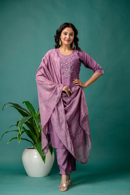 Embroidered Round Neck Kurti with Pure Silk Dupatta & Simple Trousers