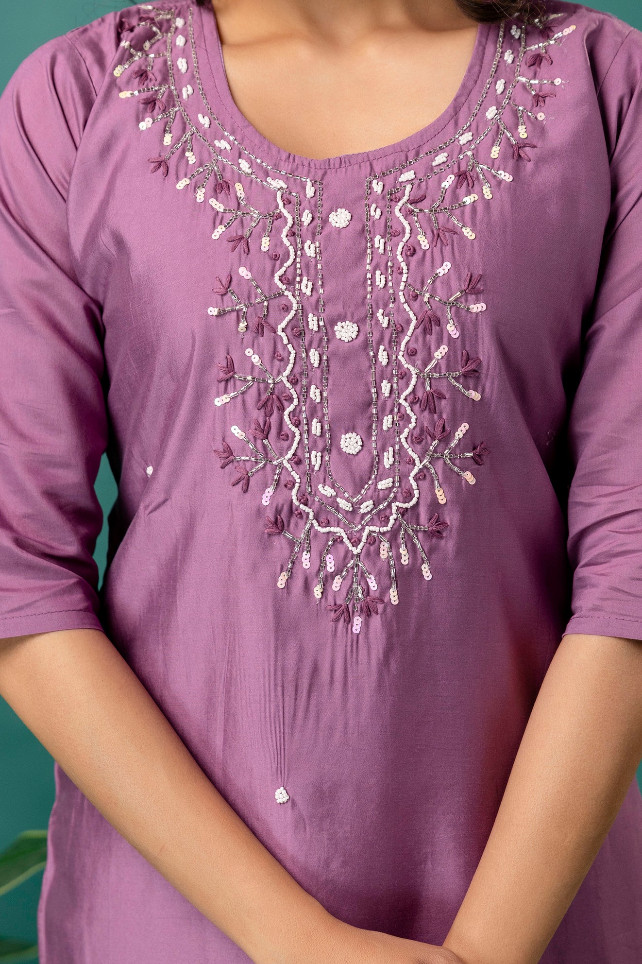 Embroidered Round Neck Kurti with Pure Silk Dupatta & Simple Trousers