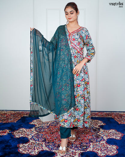 Firozi Ryon Cotton Aalia Cut Frock Set with Sequence & Thread Work