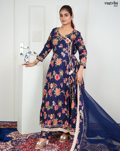Navy Maslin Angrakha Frock Set with Gotti Pata Work