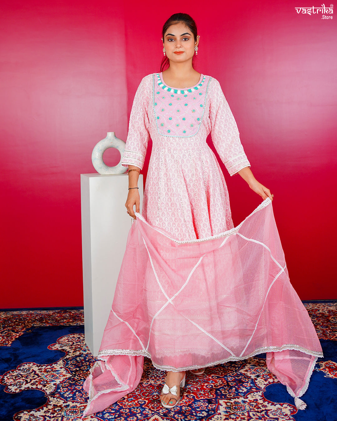 Pink Cotton Frock Set with Lace & Handwork