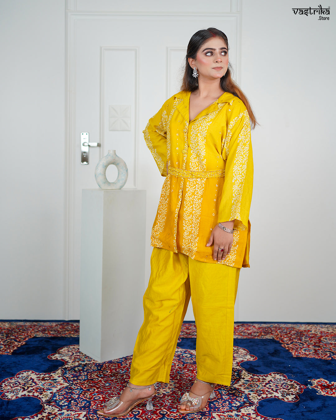 Yellow Silk Coord Set with Kadhai & Sequence Work