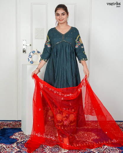 Bottle Green Ryon Cotton Aalia Cut Frock Set with Sequence & Resham Work