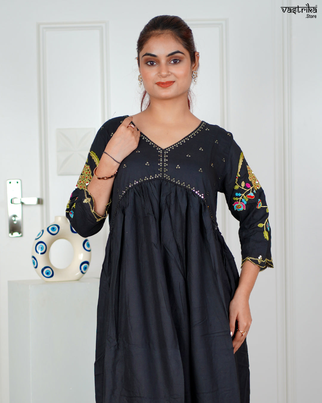 Black Ryon Cotton Aalia Cut Frock Set with Sequence & Resham Work