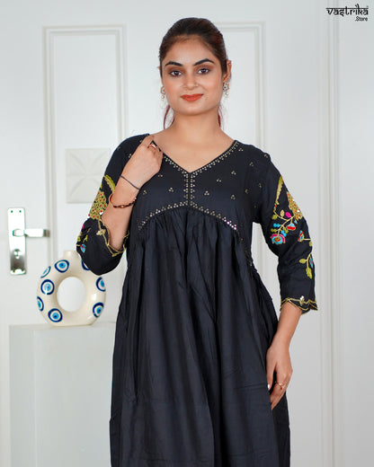 Black Ryon Cotton Aalia Cut Frock Set with Sequence & Resham Work