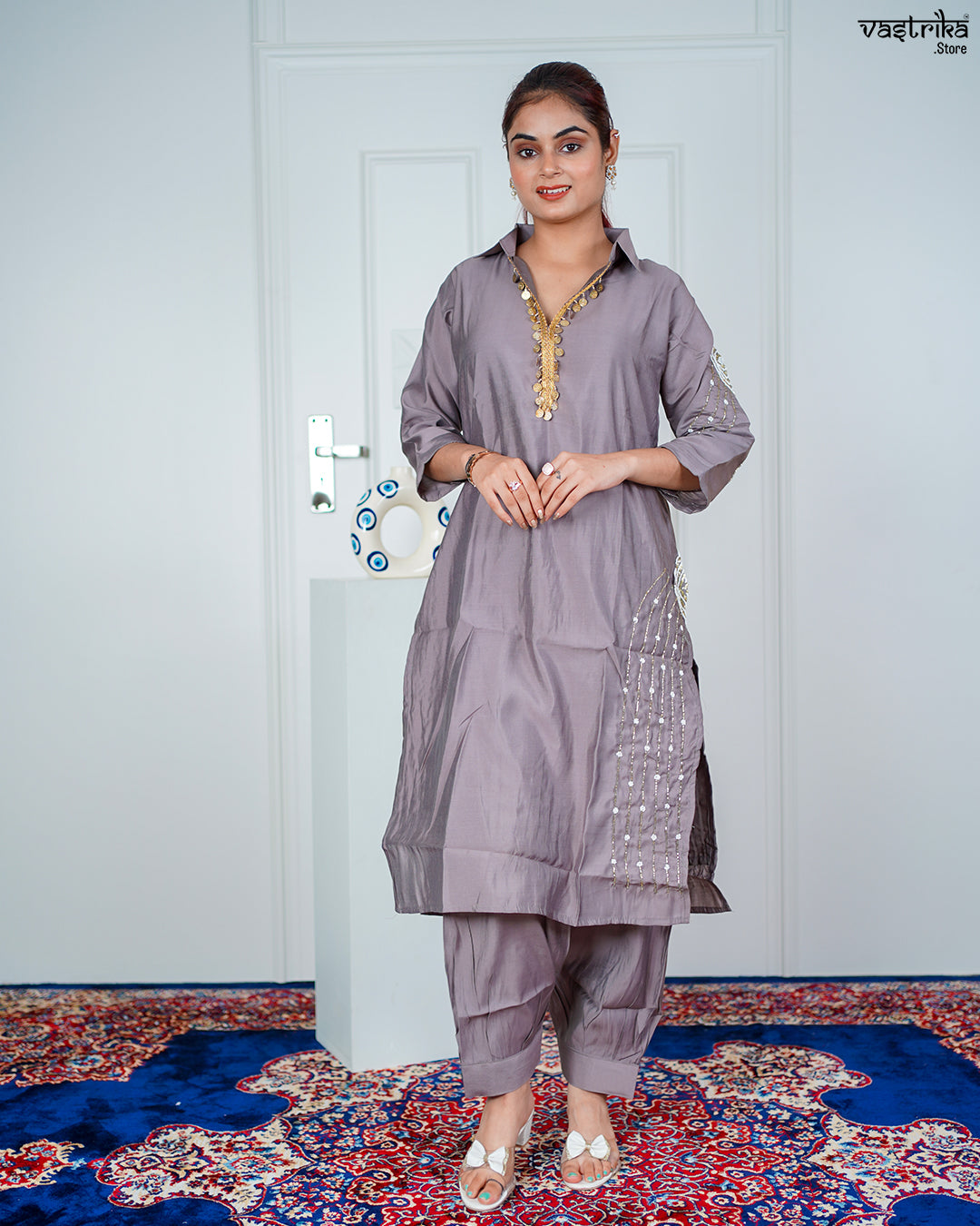 Grey Masleen Coord Set with Handwork & Sequence