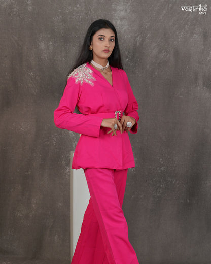 Crape Blazer-Style Cord Set with Belt & Shoulder Embellishment