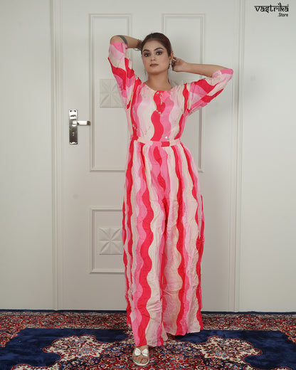 Multicolour Handworked Santoon Jumpsuit with Belt