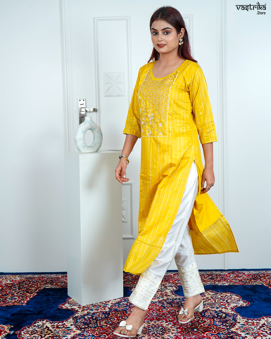 Yellow Chanderi Silk Kurti Set with Tie & Dye Dupatta