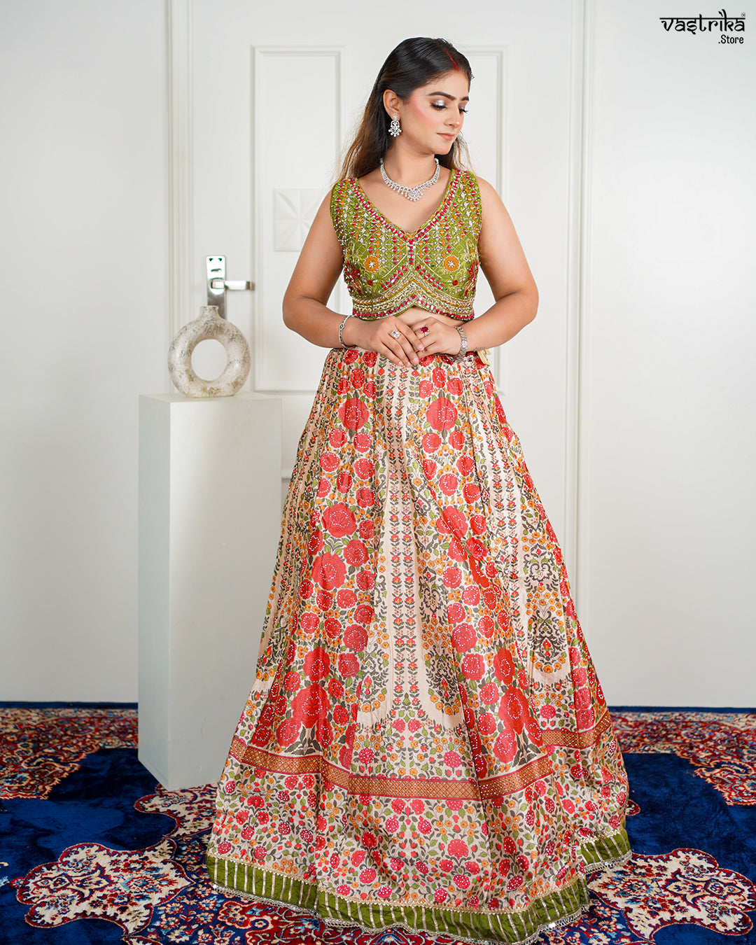 Fawn Silk & Khadi Silk Crop Top with Skirt Set