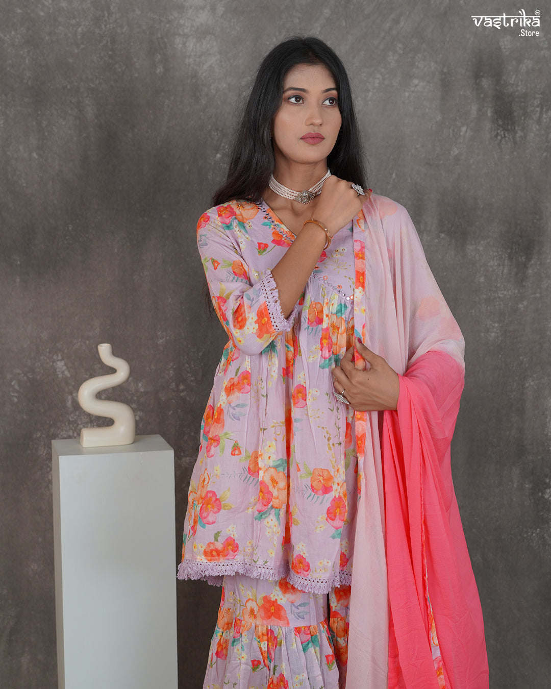 Alia-Cut Kurti & Printed Sharara Set with Resham Work Dupatta