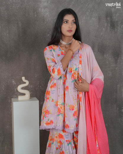 Alia-Cut Kurti & Printed Sharara Set with Resham Work Dupatta