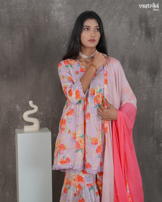 Alia-Cut Kurti & Printed Sharara Set with Resham Work Dupatta