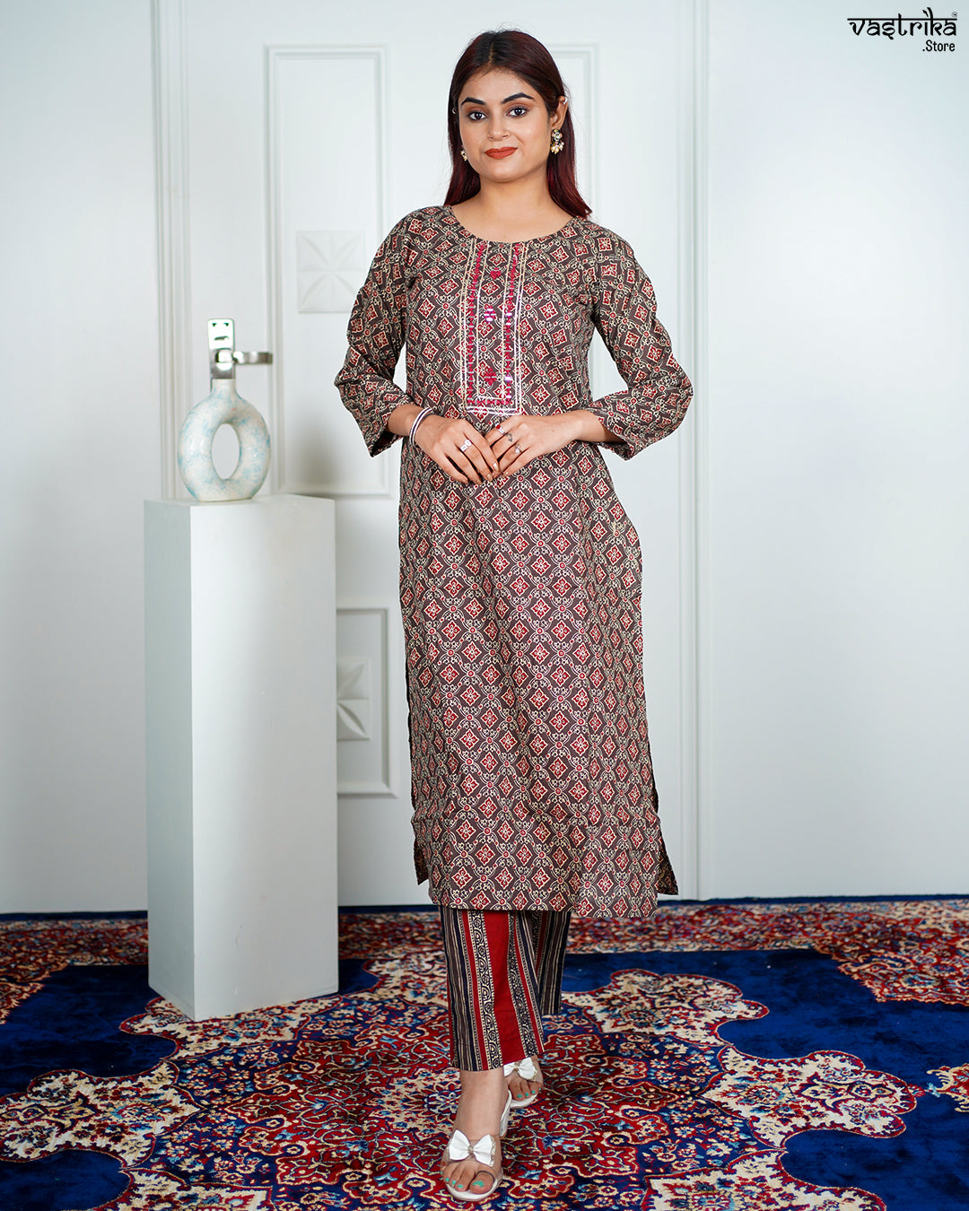 Brown Cotton Printed Kurti Set with Mirror & Thread Work