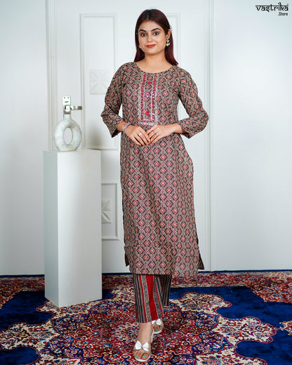 Brown Cotton Printed Kurti Set with Mirror & Thread Work