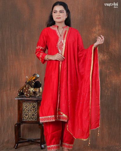 Silk Kurti Set with Jari & Sequin Work and Afghani Salwar