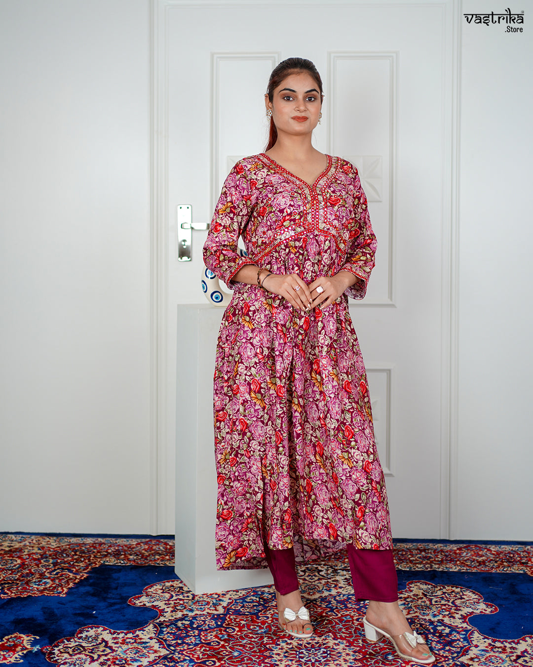 Wine Ryon Cotton Aalia Cut Frock Set with Sequence & Thread Work