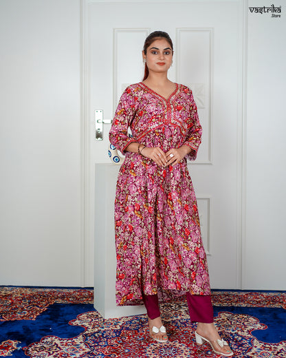 Wine Ryon Cotton Aalia Cut Frock Set with Sequence & Thread Work