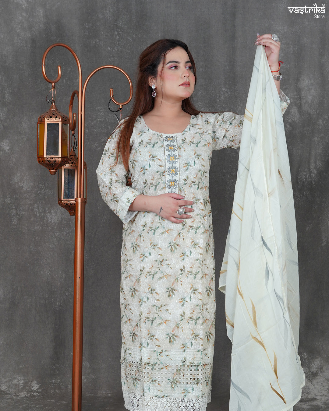 Cotton Kurti Set with Chikan Work & Printed Dupatta