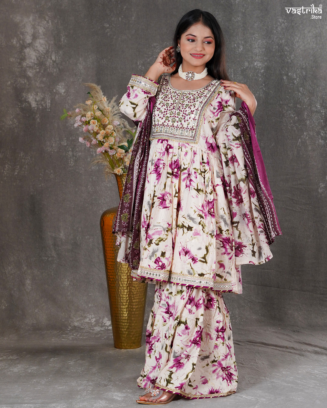 Purple Ryon Cotton Kurti with Sharara & Dupatta