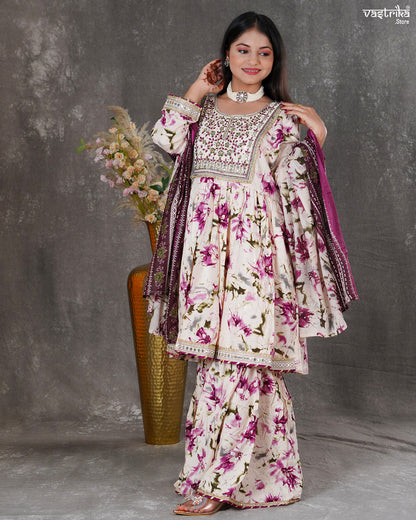 Purple Ryon Cotton Kurti with Sharara & Dupatta