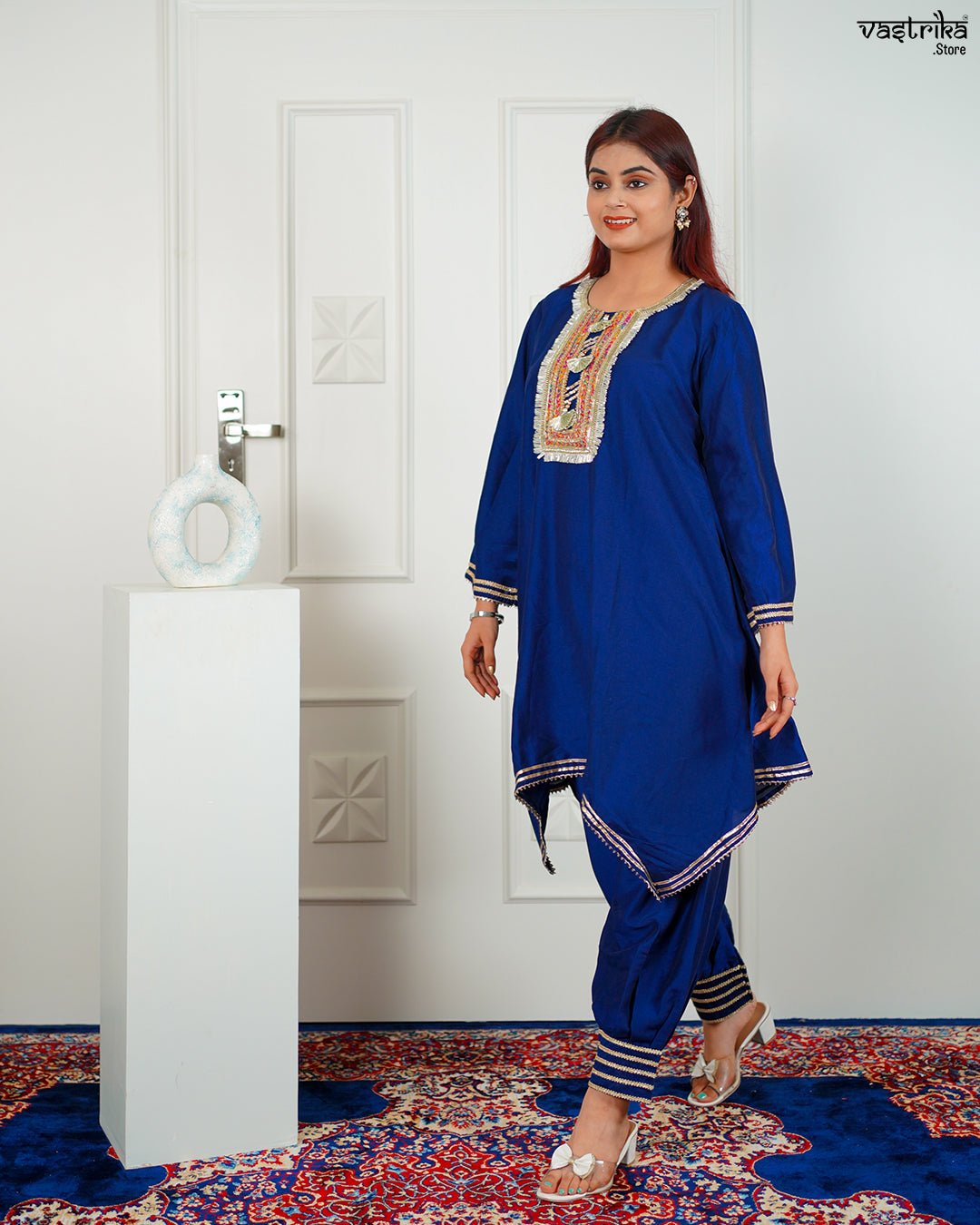 Blue Roman Silk Kurti Set with Lace Detailing