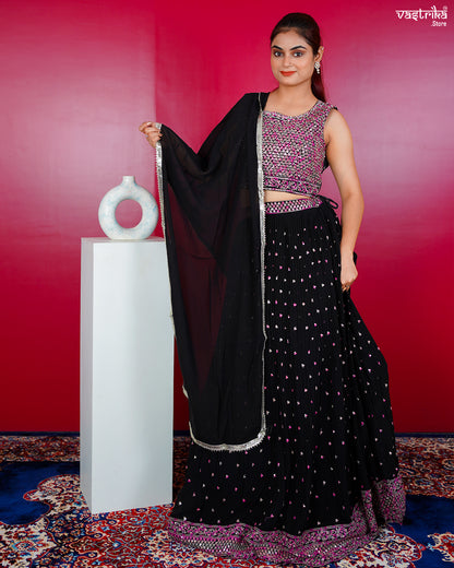 Black Georgette Crop Top with Skirt Set