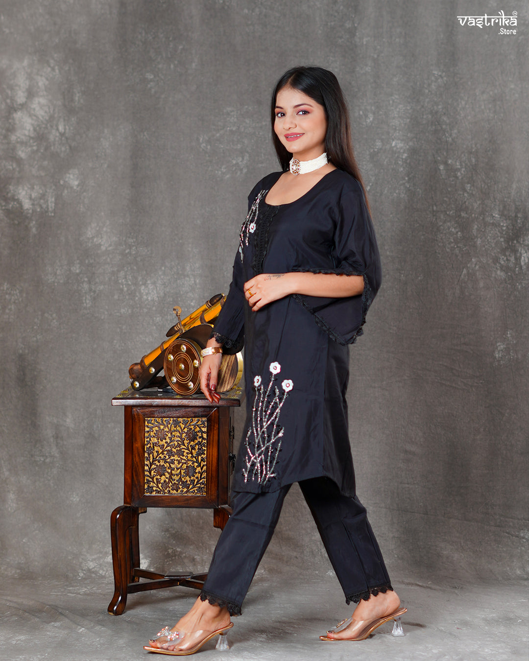 Black Roman Silk Coord Set with Katdana Work