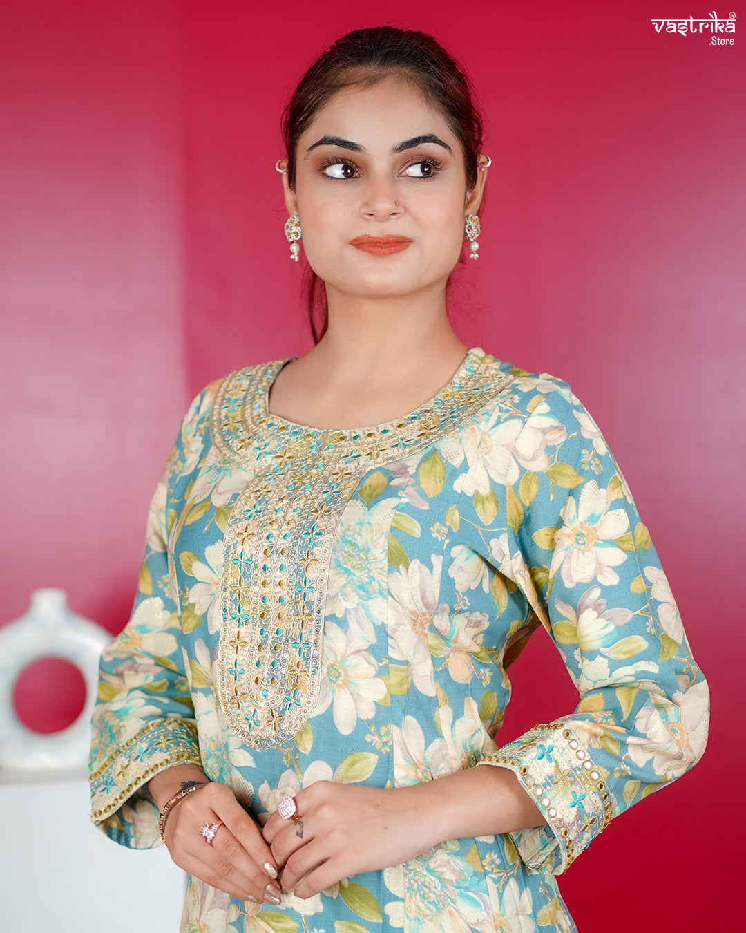 Firozi Maslin Frock Set with Jari & Sequence Work