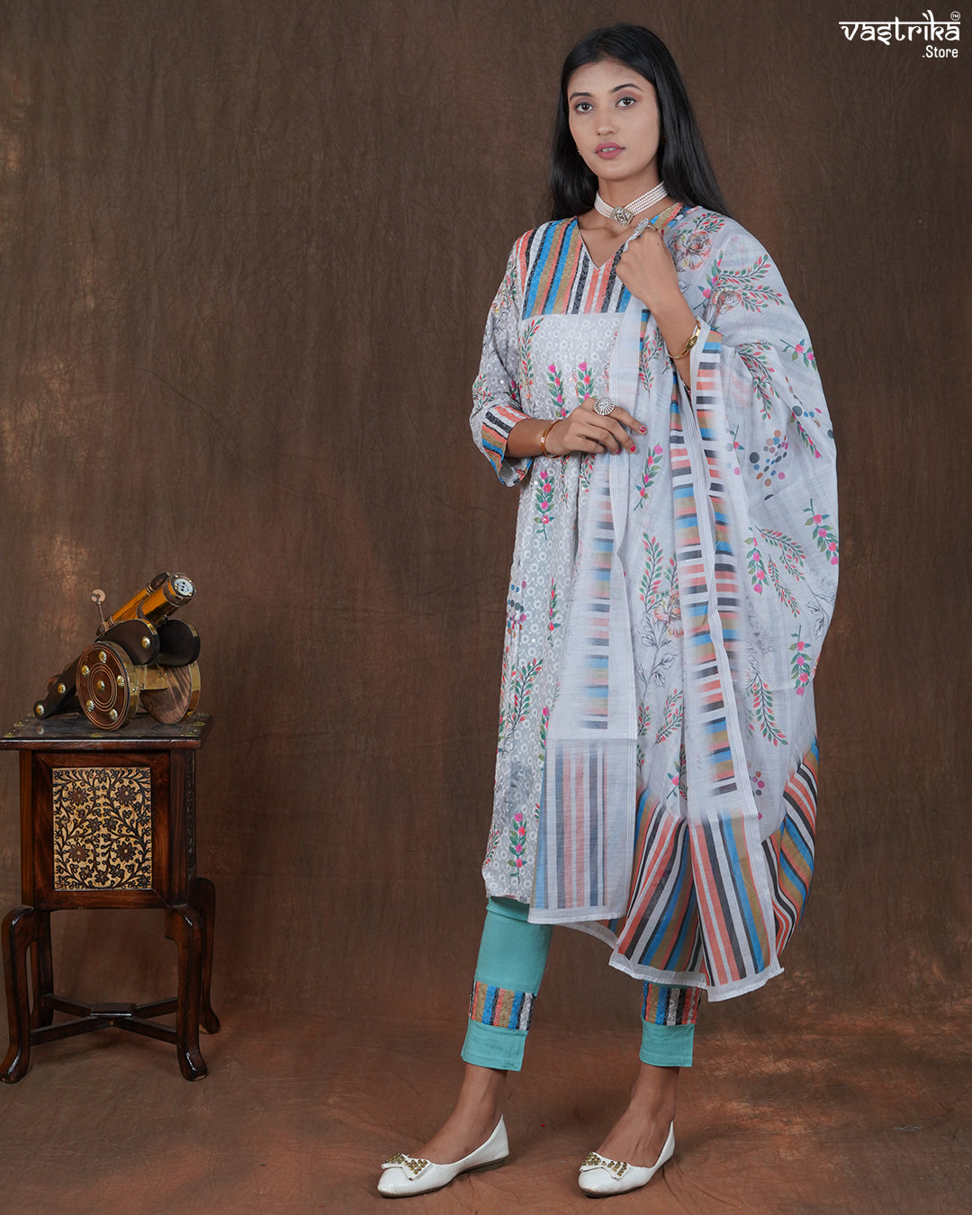 Cotton Frock Set with Chikan Work and Printed Chanderi Dupatta