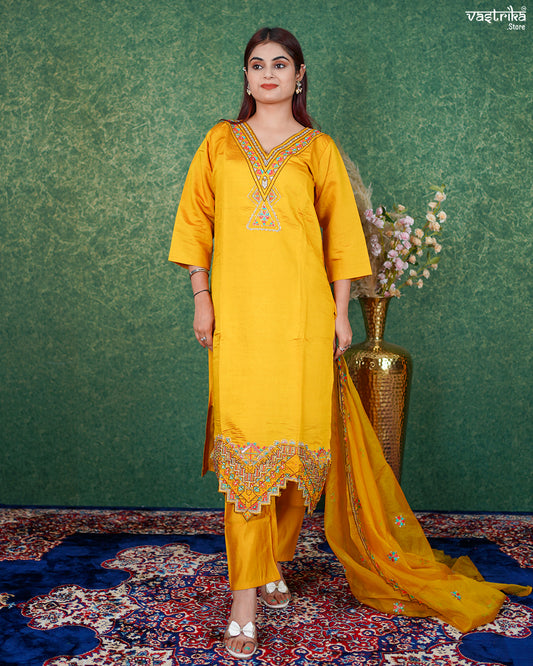 Mustard Roman Silk Kurti Set with Katdana & Thread Work