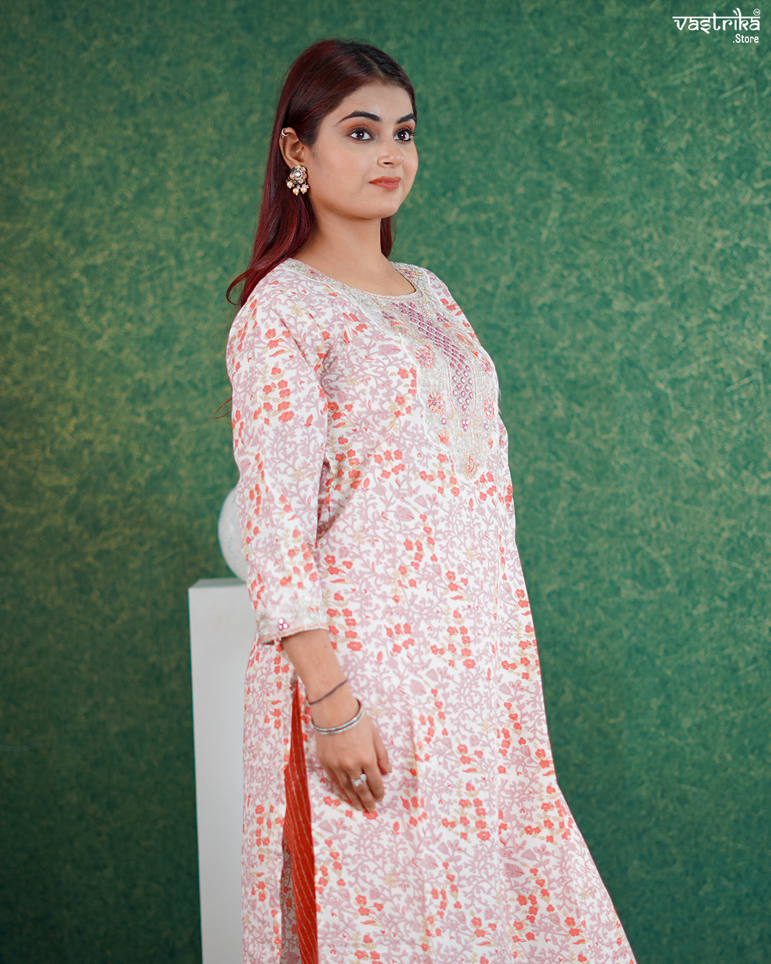 Orange Cotton Printed Kurti Set with Jari Work