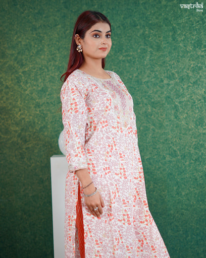Orange Cotton Printed Kurti Set with Jari Work