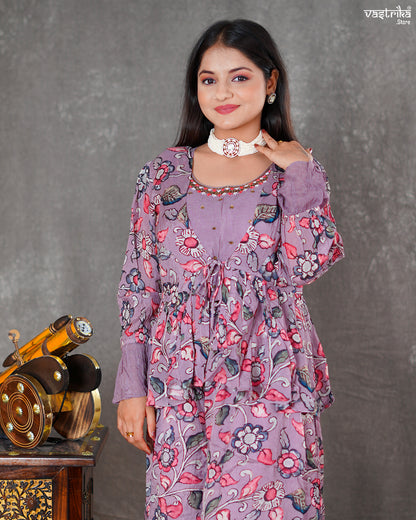 Purple Chinon Silk Short Top with Palazzo & Printed Shrug