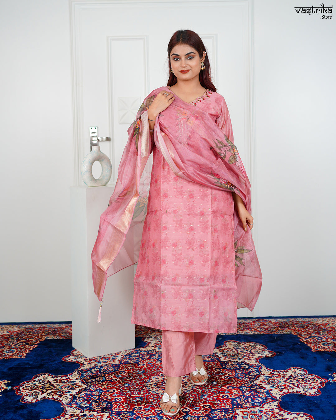 Gajri Chanderi Silk Kurti Set with Banarasi Printed Dupatta