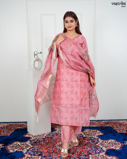 Gajri Chanderi Silk Kurti Set with Banarasi Printed Dupatta