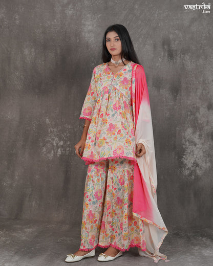 Printed V-Neck Kurti & Alia-Cut Sharara Set with Double-Shaded Dupatta