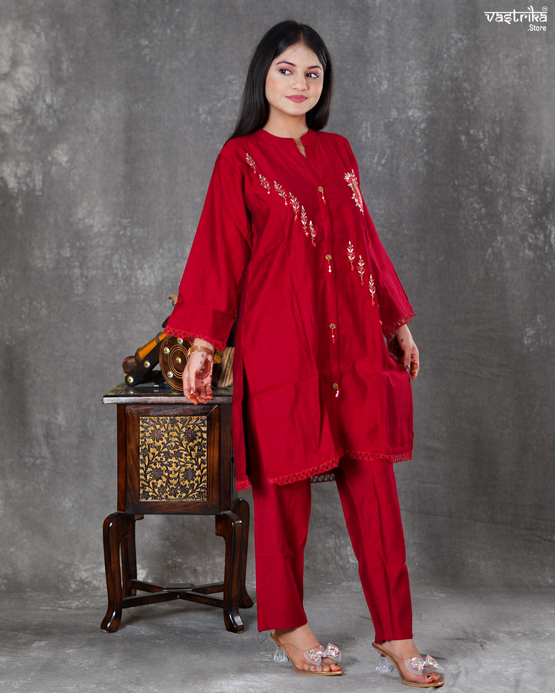 Maroon Silk Coord Set with Handworked Collar