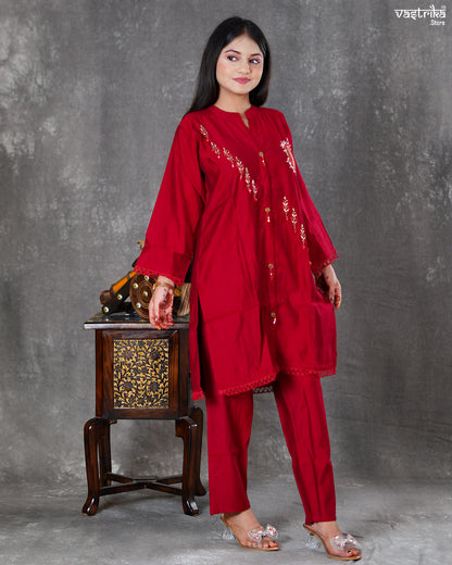 Maroon Silk Coord Set with Handworked Collar