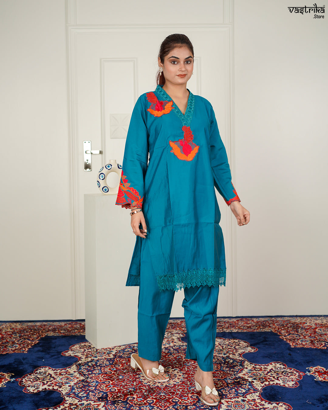 Firozi Roman Silk Coord Set with Thread Work